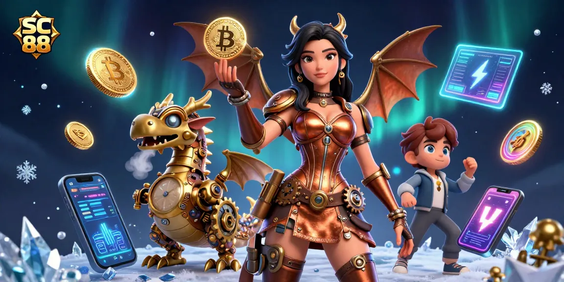 Engage with SC 88 in a vibrant 3D casino scene filled with crypto elements.