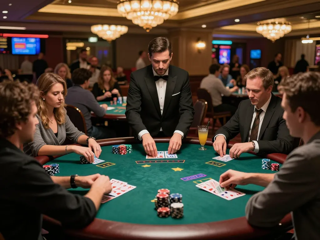 Engaging scene of blackjack gameplay in a lavish casino, showcasing players at https://www.bearcreekwatershed.org/macroinvertebrates table amidst vibrant energy.