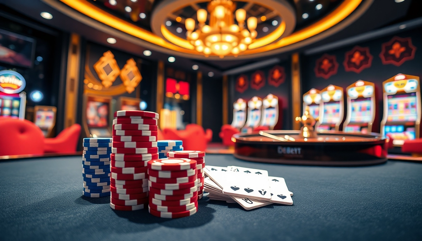 Cổng Game DEBET offers a thrilling online gambling experience with poker chips, cards, and a roulette wheel.