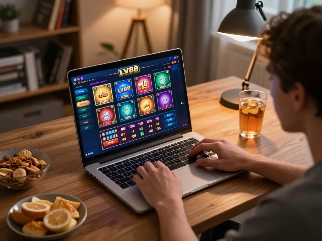 Player engaging with LV88 online casino platform while strategizing bets in a cozy home environment.