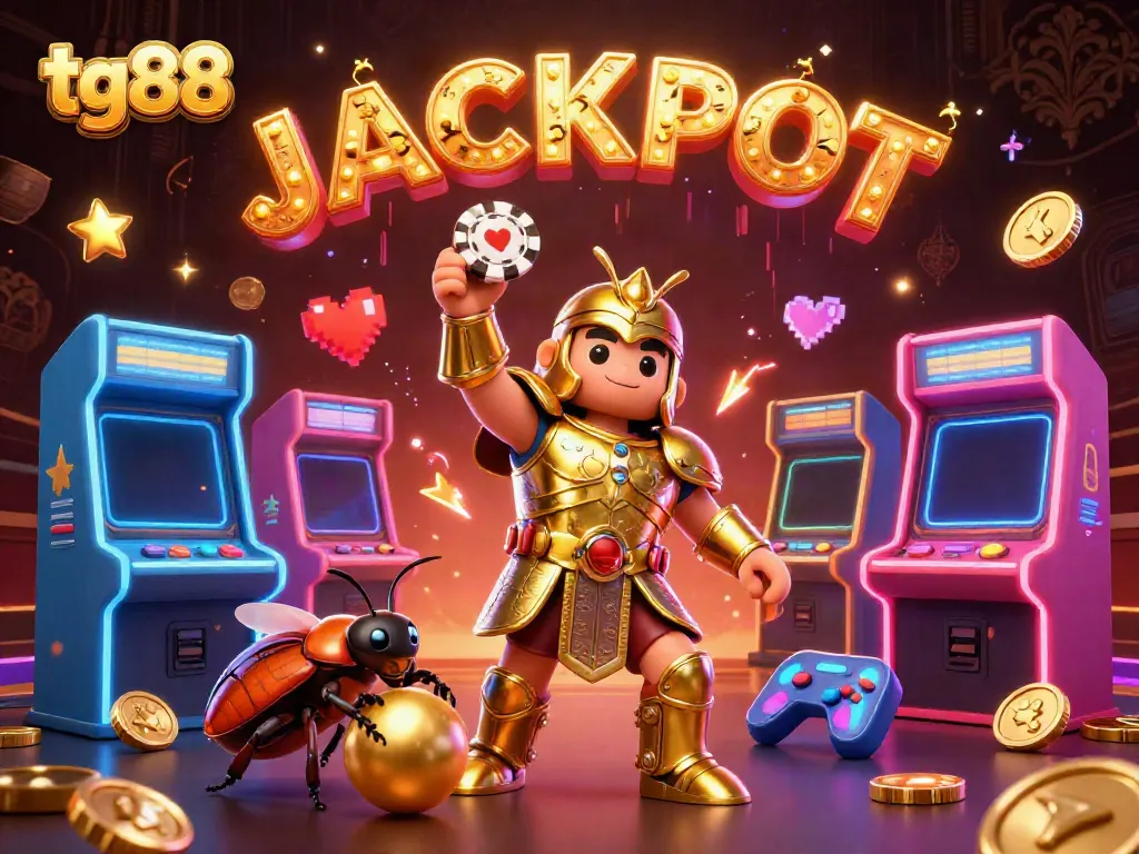 Experience tg88 with a victorious beetle, glowing arcade games, and a jackpot of delights in an exciting gaming scene.