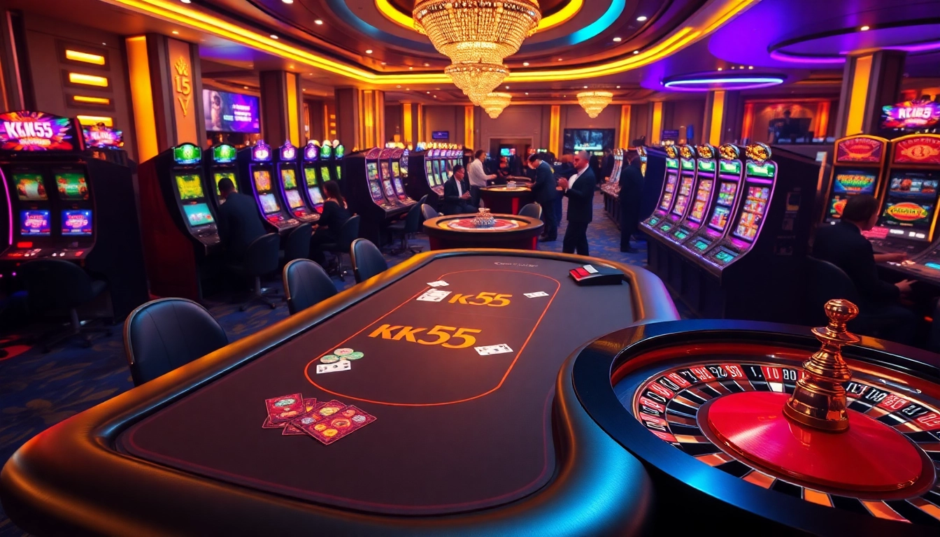 Experience the excitement of KK55 at a luxurious casino table with vibrant slot machines.
