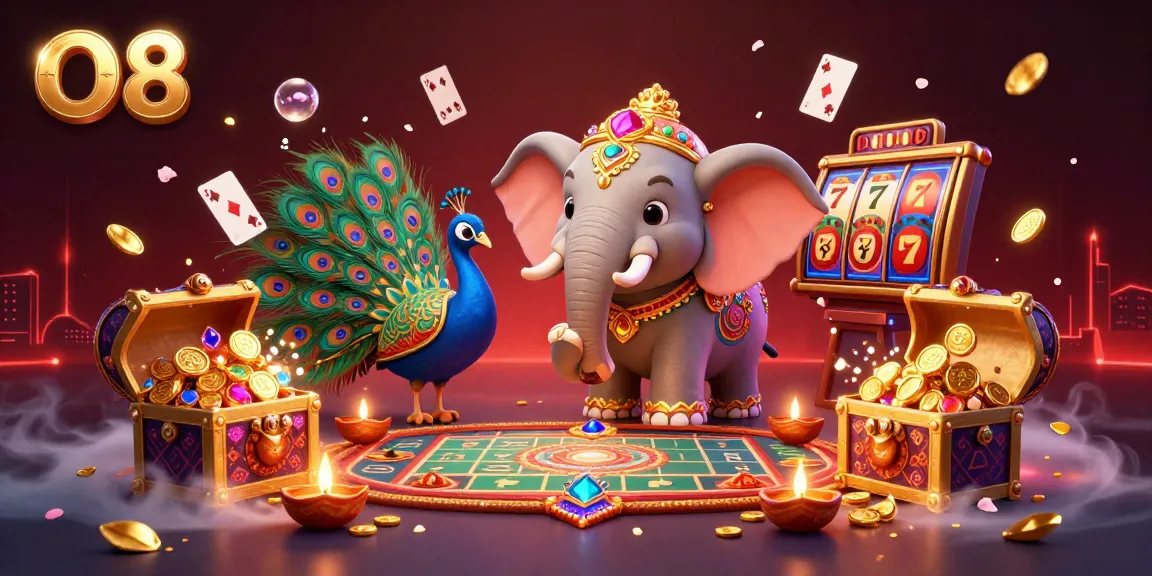 Engage with O8's vibrant casino atmosphere featuring an ornate elephant, peacock, and colorful game elements.