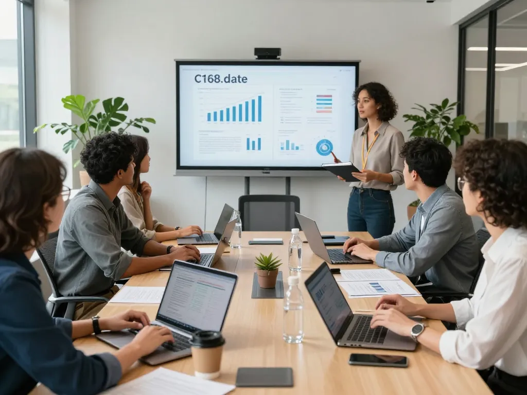 Team discussing c168.date analytics in a modern office environment, showcasing collaboration.