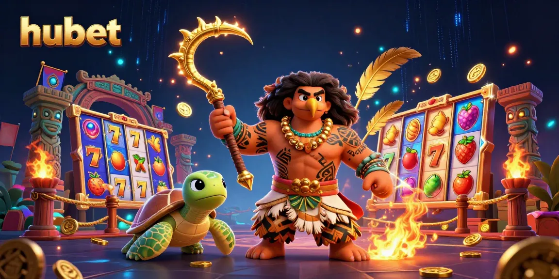 Engage with hubet's vibrant slot games and dynamic characters in this thrilling casino scene illustration.