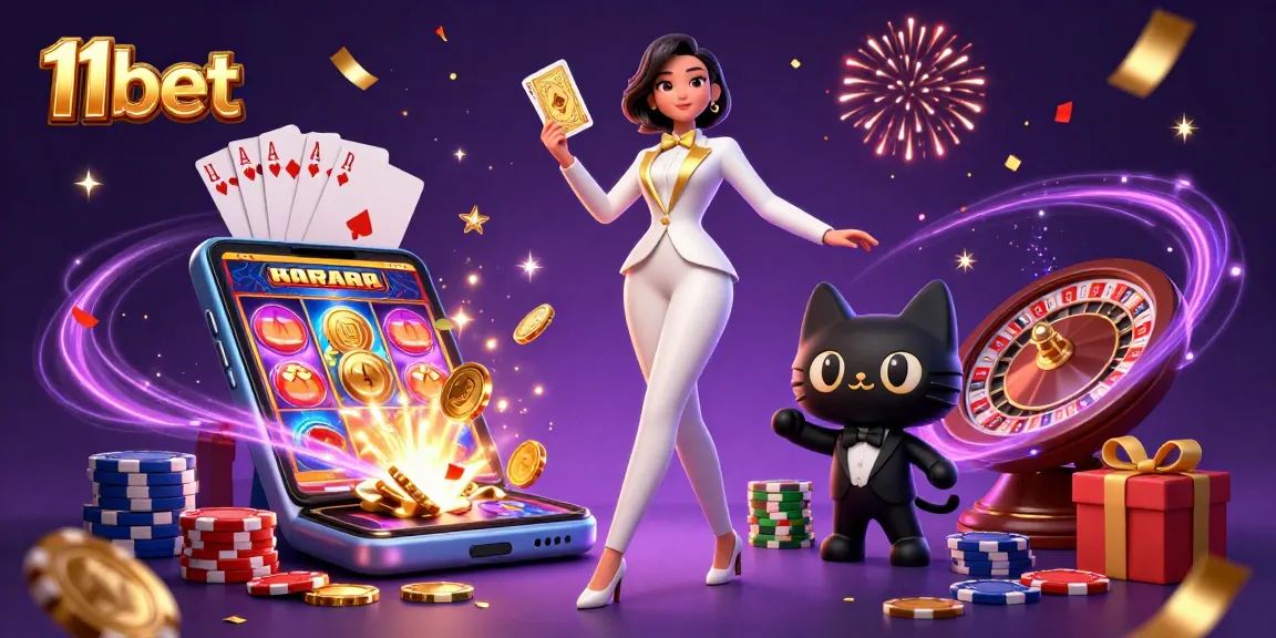 11bet slots illustration showcasing dynamic gaming action with 3D characters, poker chips, and festive elements.
