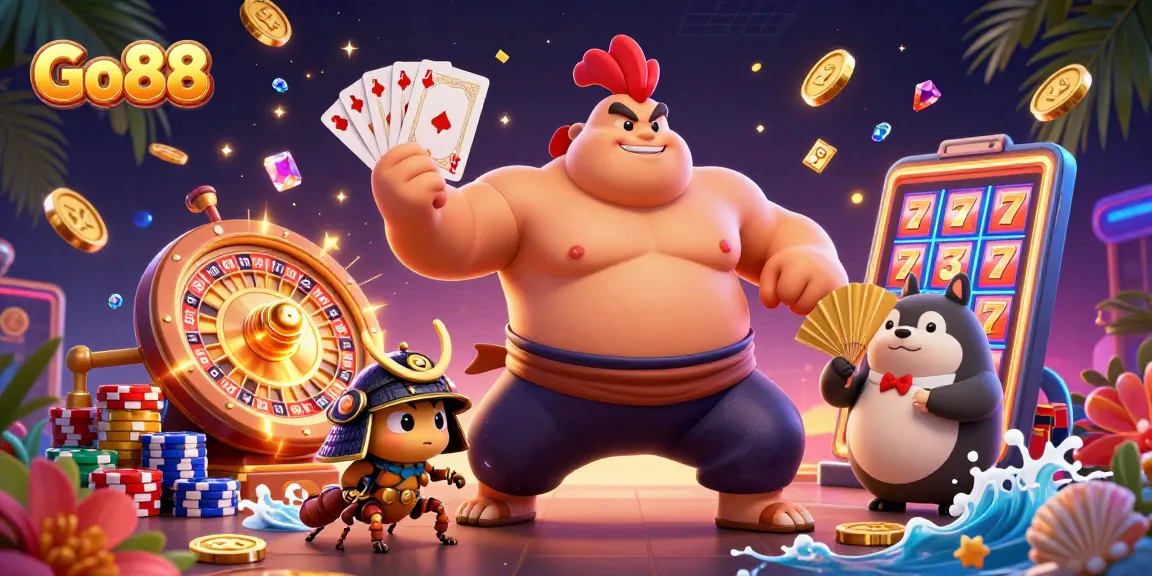 Experience Go88's thrilling games with a powerful sumo rooster and vibrant casino elements.