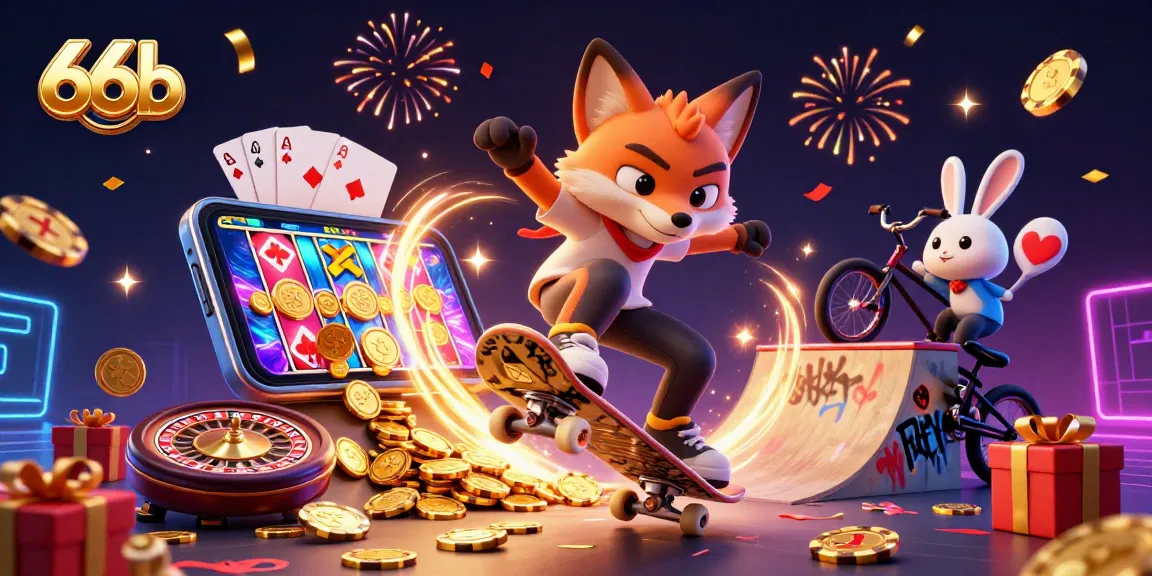 Exciting 66b action with a skateboarder fox and BMX rabbit in a vibrant casino scene.