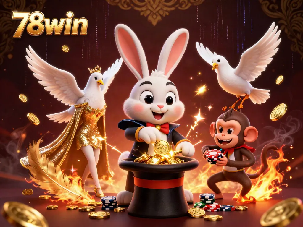 Experience the excitement of 78win with a magician rabbit pulling golden coins in an energetic casino scene.