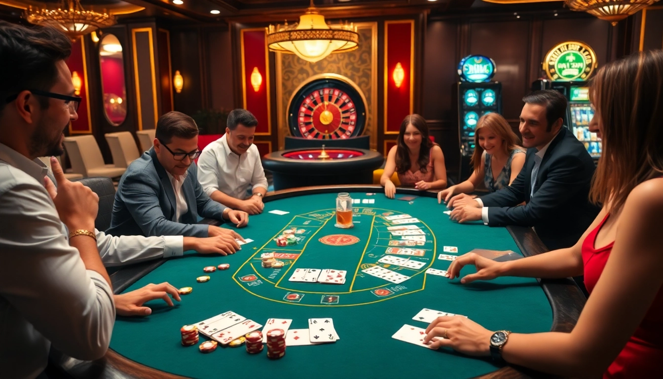 Exciting blackjack game scene depicting players at the trang chủ kim88 casino table with colorful chips and cards.
