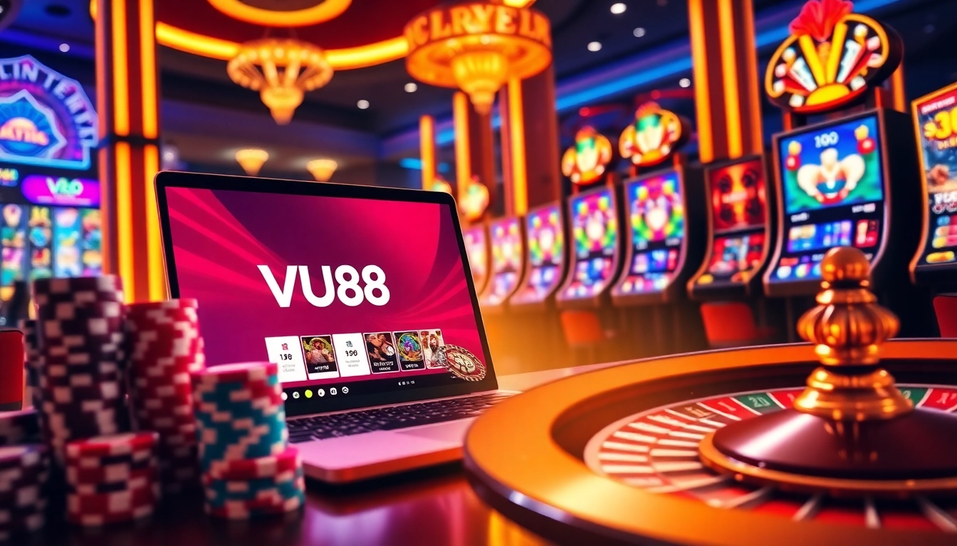 Experience the excitement of VU88 online casino with vibrant gaming elements and luxury visuals.