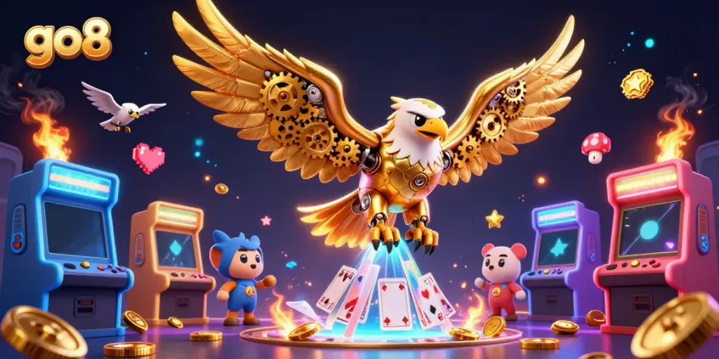 Dynamic scene of go8's golden eagle character soaring amidst colorful casino game elements, showcasing excitement.