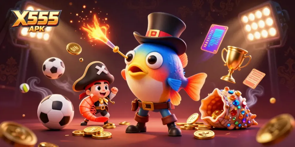 Win big with the X555 APK in an exciting casino scene featuring animated characters and dynamic gaming elements.