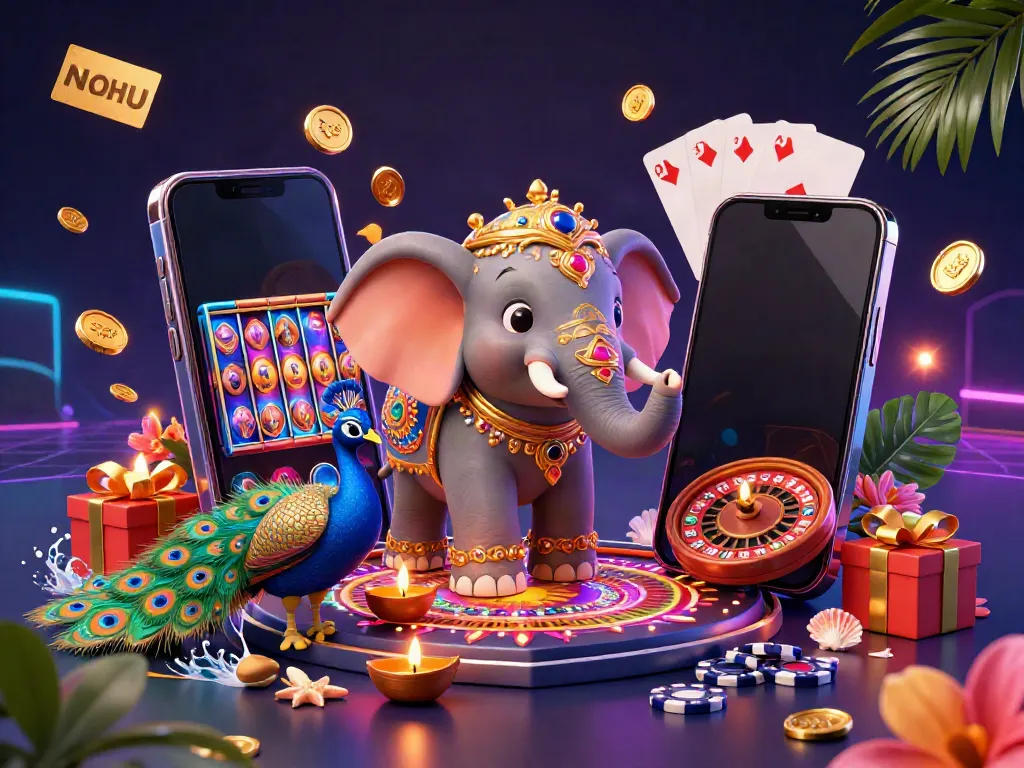 Experience the excitement of NOHU with a vibrant casino-themed 3D scene showcasing action-packed slot gaming elements alongside festive decorations.