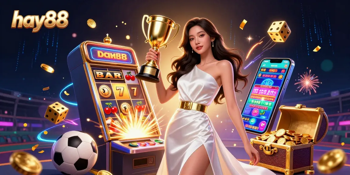 Experience an exciting jackpot at hay88 with a confident woman holding a trophy in a dynamic casino scene.