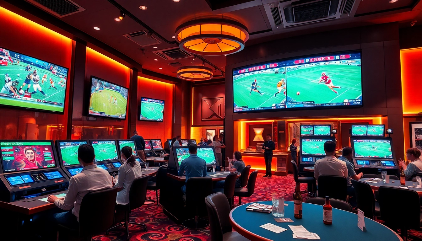 Cược thể thao betting slips on a luxurious sports betting lounge table with excited gamblers.