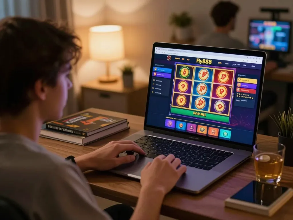 Actively engaging with the fly888 online casino interface on laptop, showcasing a vibrant gaming environment.