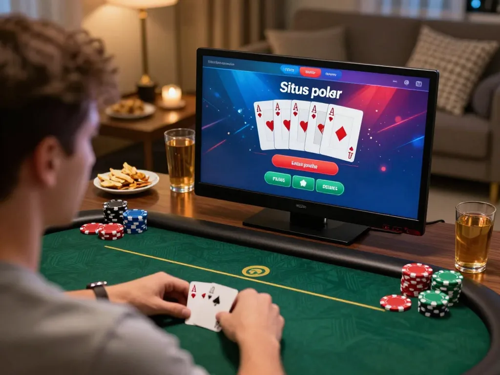 Engage in login situs poker as player focuses on vibrant online game interface and betting options.