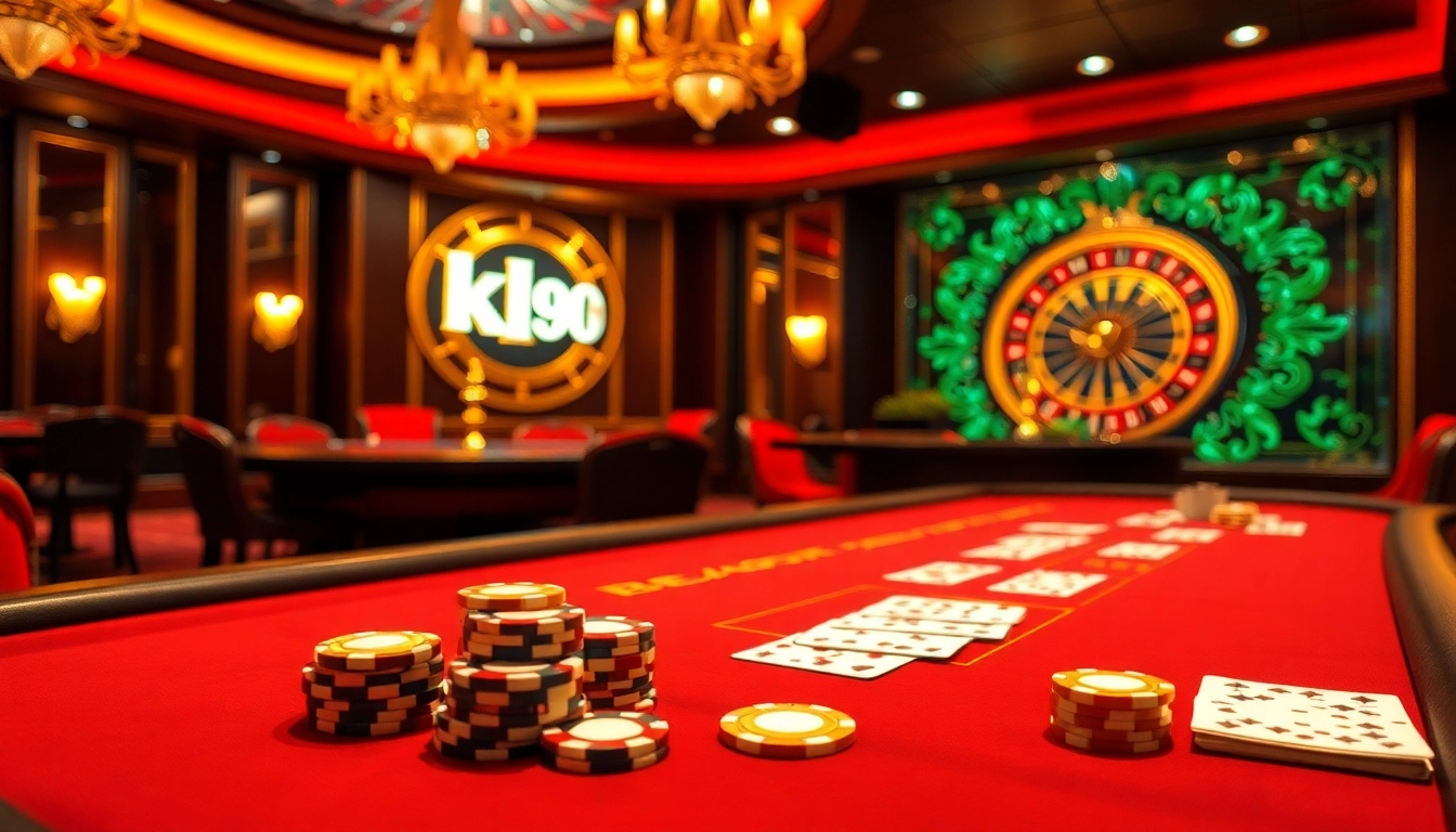 The luxurious atmosphere of a casino showcasing the kl99 poker table with vibrant chips and cards.
