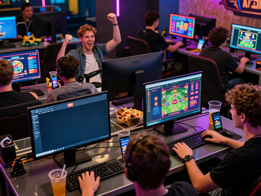 Users enjoying DA88 online gaming experiences on various devices in a lively gaming hub.