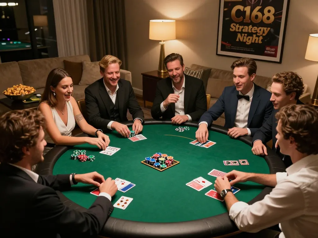 C168 poker night with friends in a cozy living room, vibrant chips and cards in play under warm lighting