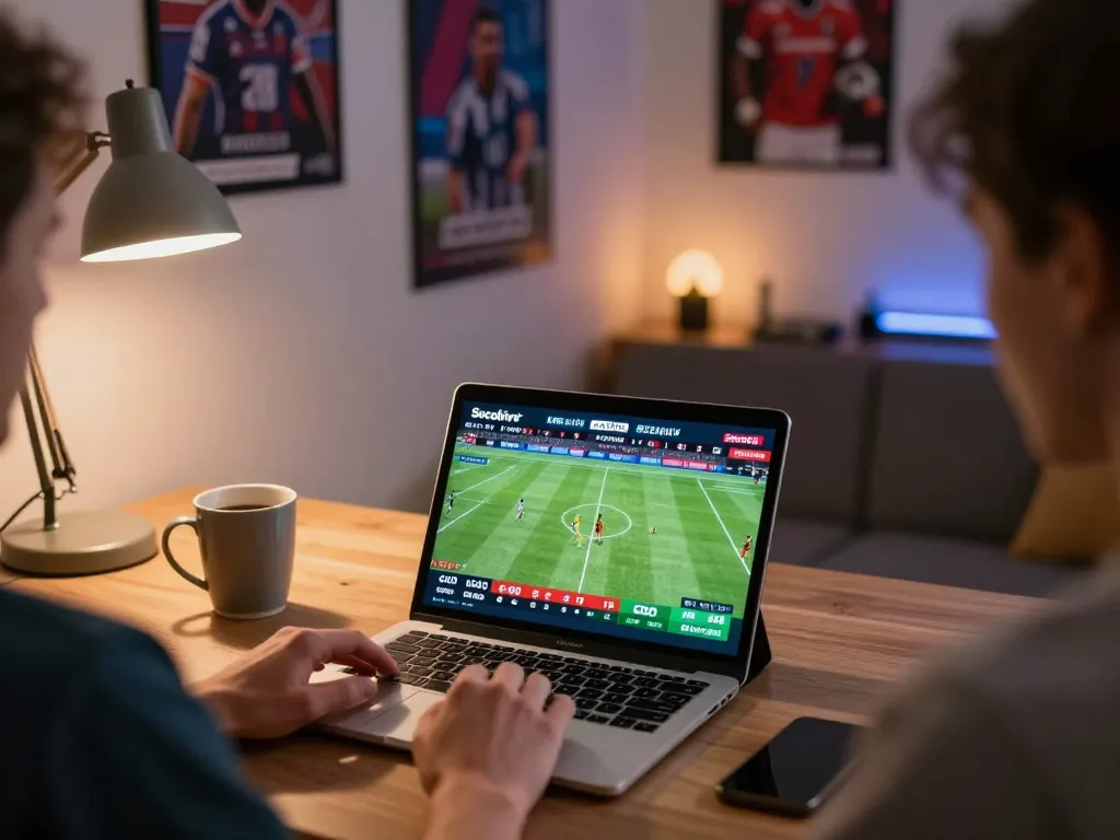 Socolive live football streaming during an exciting online betting session in a cozy home environment.