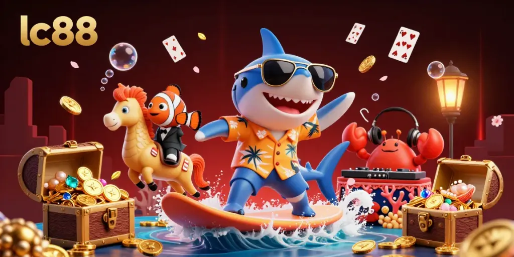 Experience the thrill of lc88 with a vibrant 3D scene showcasing fun characters and casino elements.