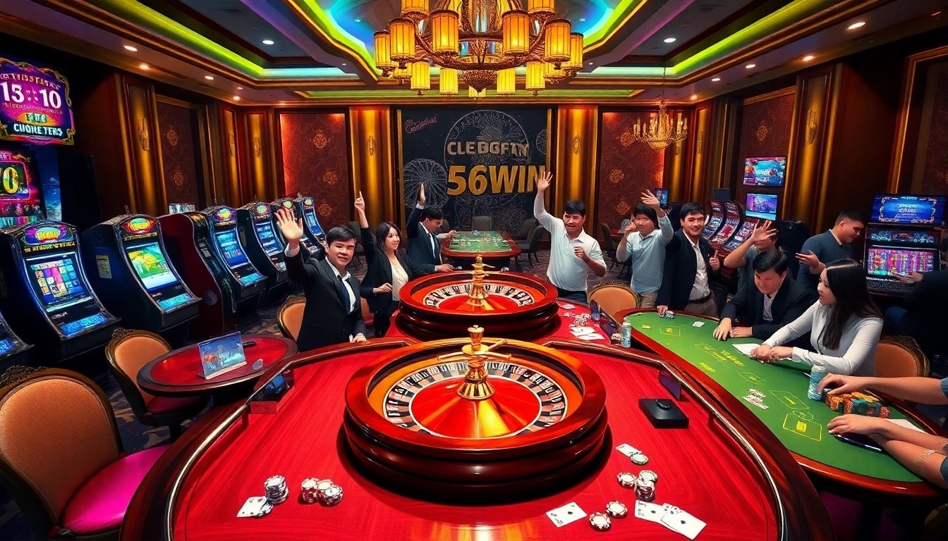 Exciting casino atmosphere at https://56win.to/ with players engaging in vibrant games and celebrations.