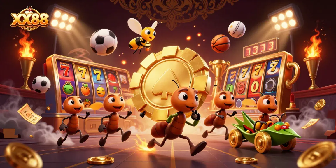 Join the adventure at XX88 as ants navigate a golden poker heist in this vibrant casino scene.