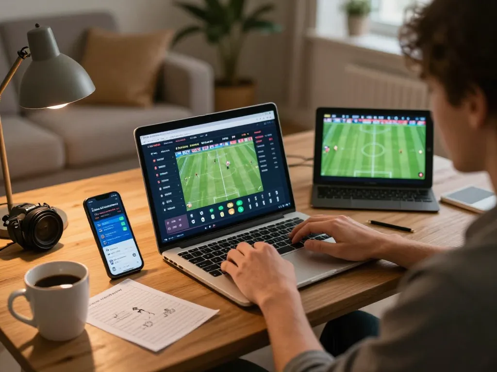 Engaging in sports betting with resultsfootball on a laptop at home.