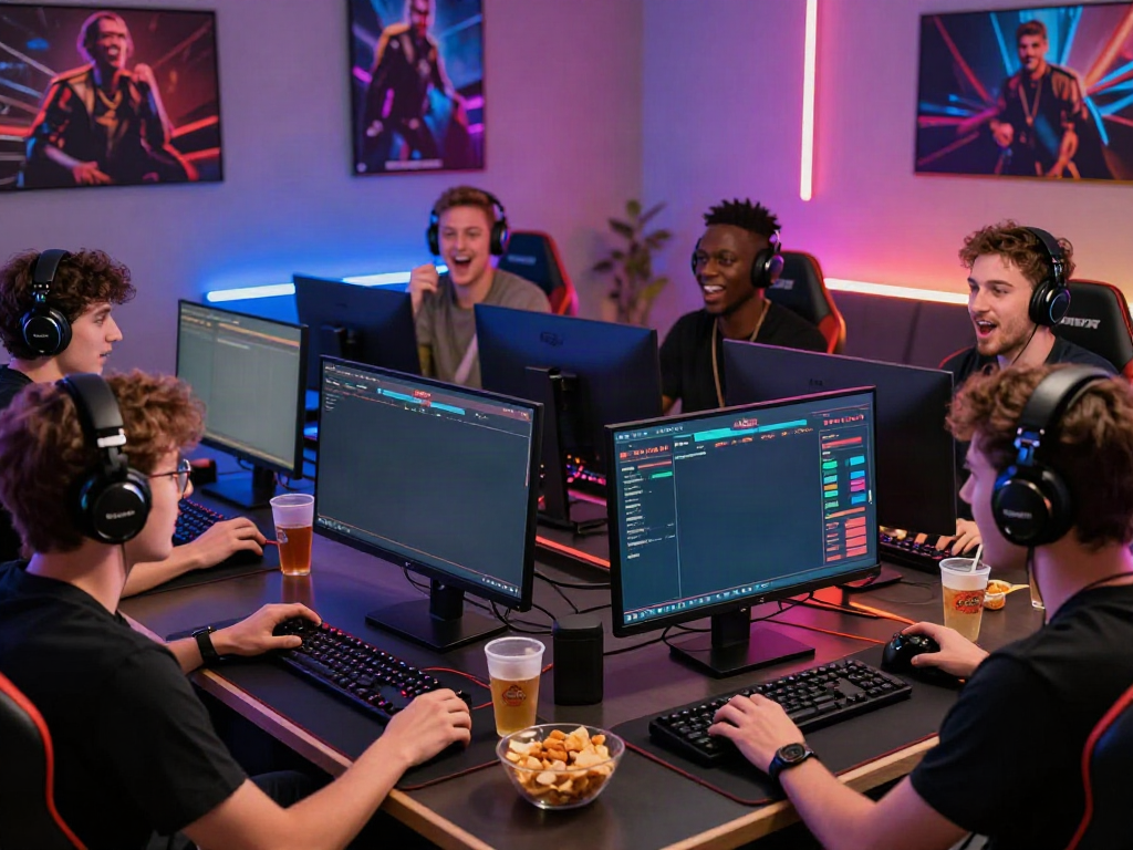 Friends enjoying an exciting online betting experience on 11bet.com, with colorful gaming gear and vibrant atmosphere.