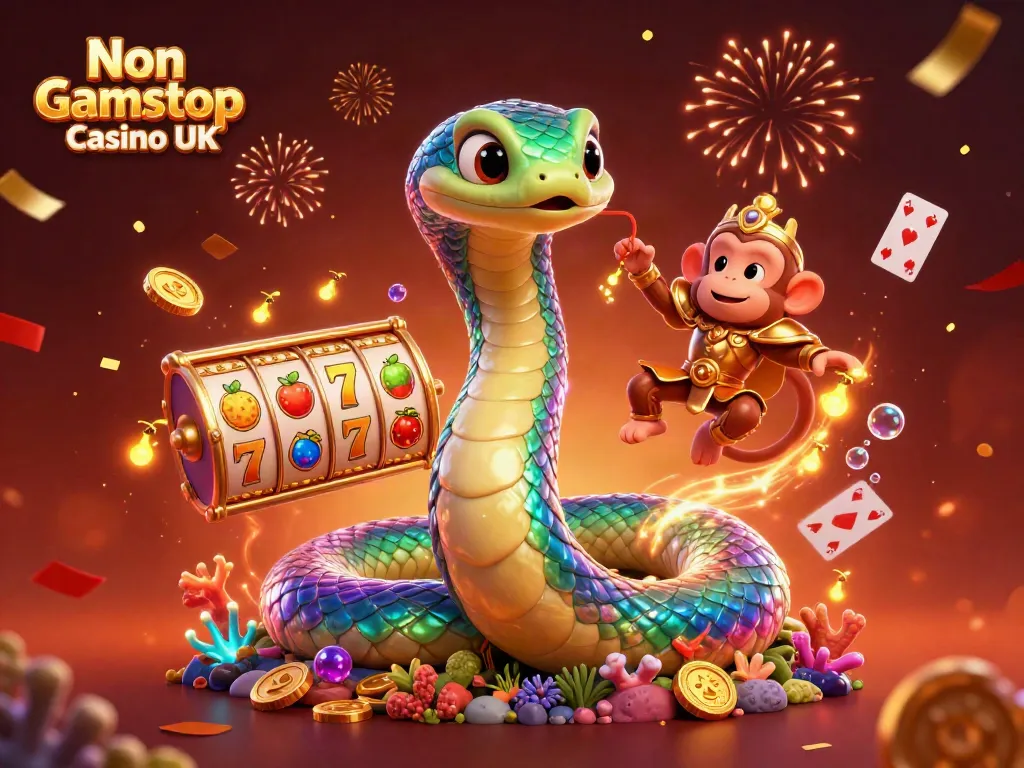 Engage with vibrant action at a Non Gamstop Casino UK featuring colorful characters and cascading gold.