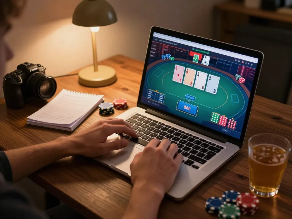 Engaging online poker session at https://fa88.team/ featuring player’s hands on laptop with gaming interface visible.