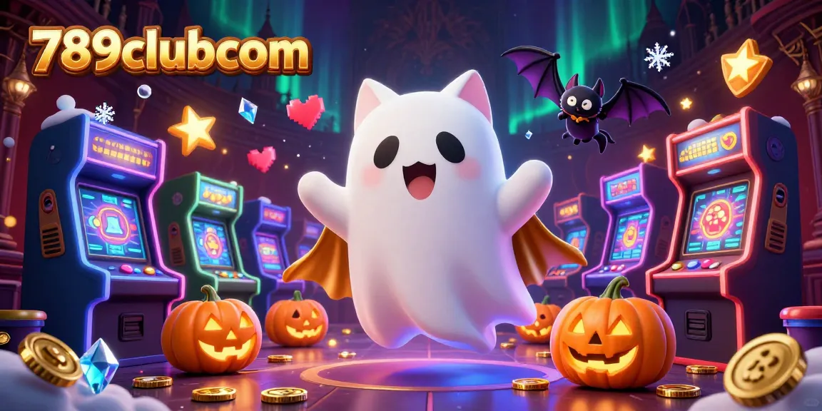 Engage with 789clubcom in a vibrant casino scene featuring a ghost cat, bat, and glowing pumpkins.