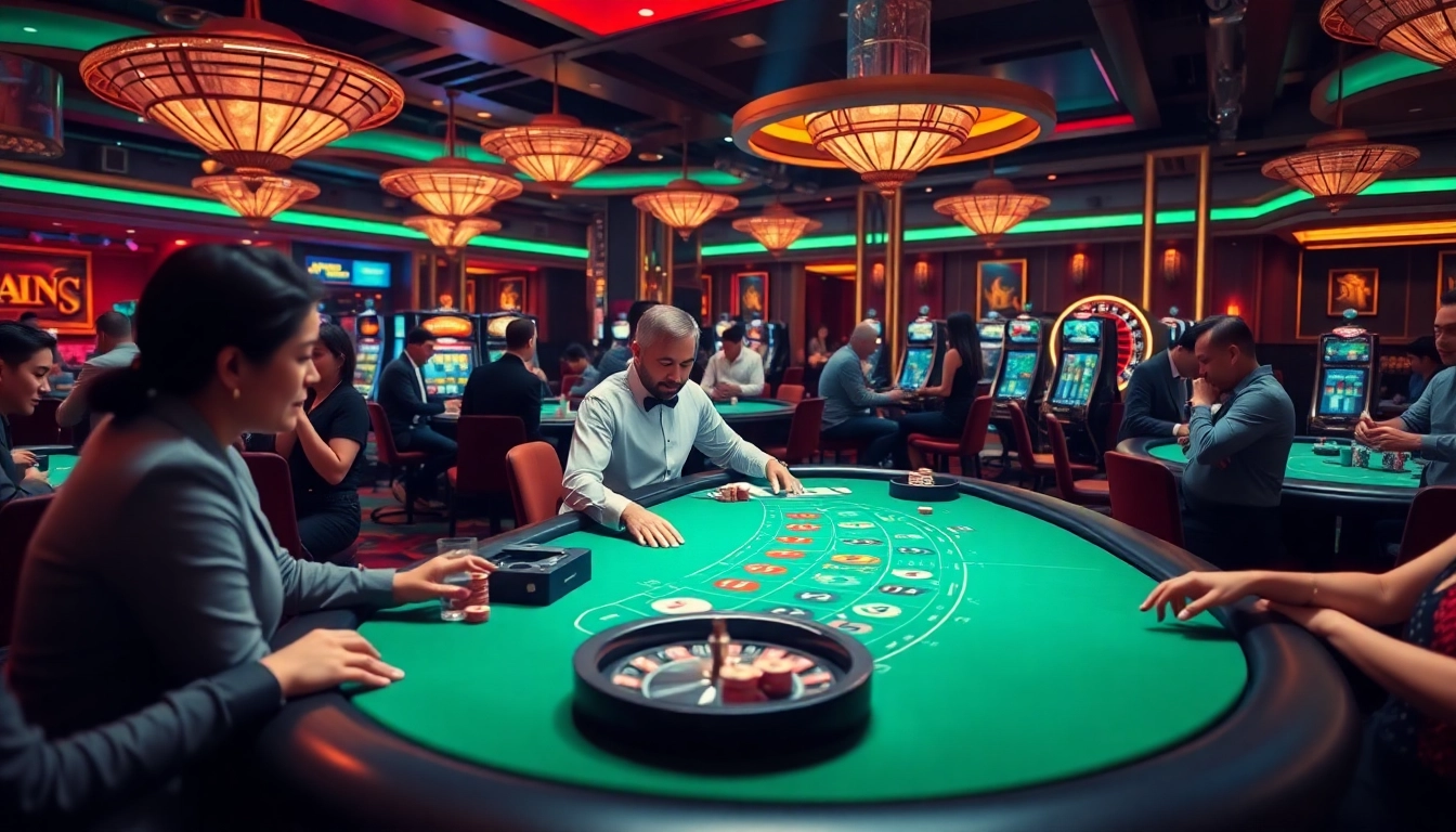 Engaged players in a vibrant casino atmosphere showcasing nhà cái 8kbet's luxurious gaming experience.
