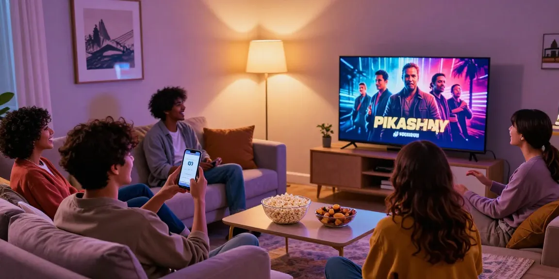Friends streaming movies using Pikashow APK download in a cozy living room.
