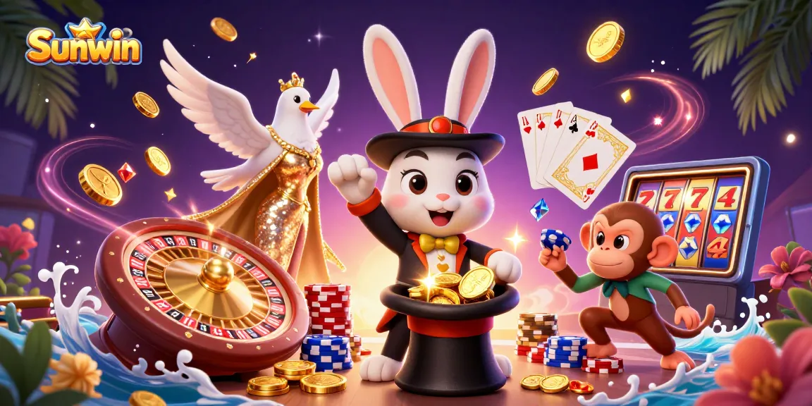 Sunwin enchantment in a dynamic gambling scene with sparkling coins, poker chips, and a 3D magician rabbit.