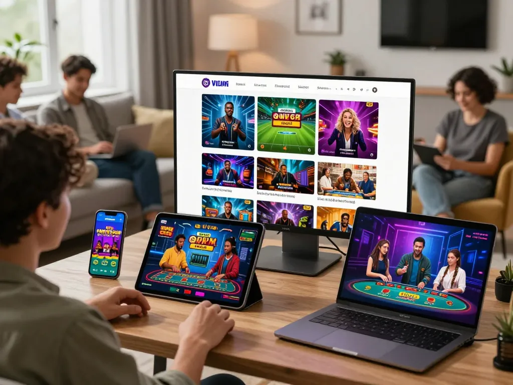 Engaged users enjoying DA 88 online entertainment on various devices in a cozy living room.