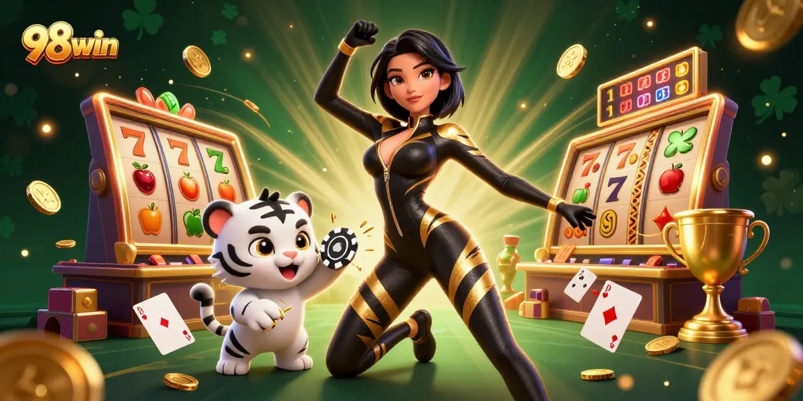 Engage with thrilling gameplay at 98win, featuring a stunning woman amid exciting slot machines.