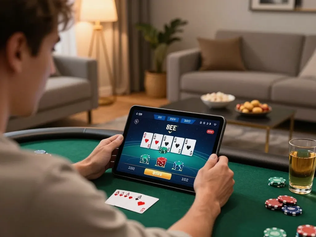 Enjoying poker with friends on the 8EEE platform in a stylish home setting.