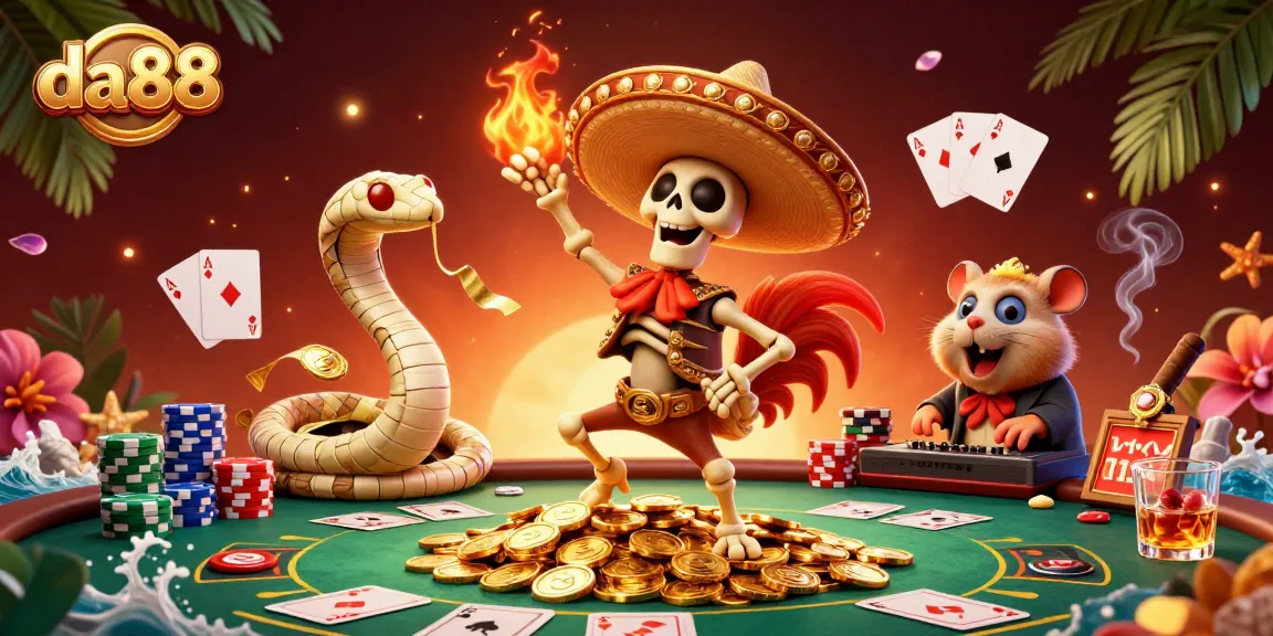 Experience the vibrant energy of da88 with a dynamic casino scene featuring playful characters and poker elements.