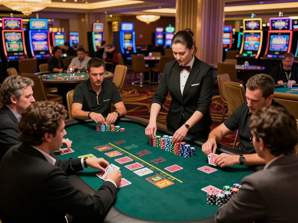 Engaged players enjoying blackjack at a vibrant casino scene featuring pucuk138 stakes and strategy