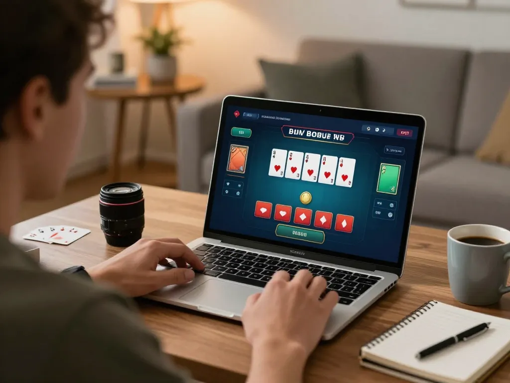 Player enjoying an online blackjack game with man88 on a laptop at home.