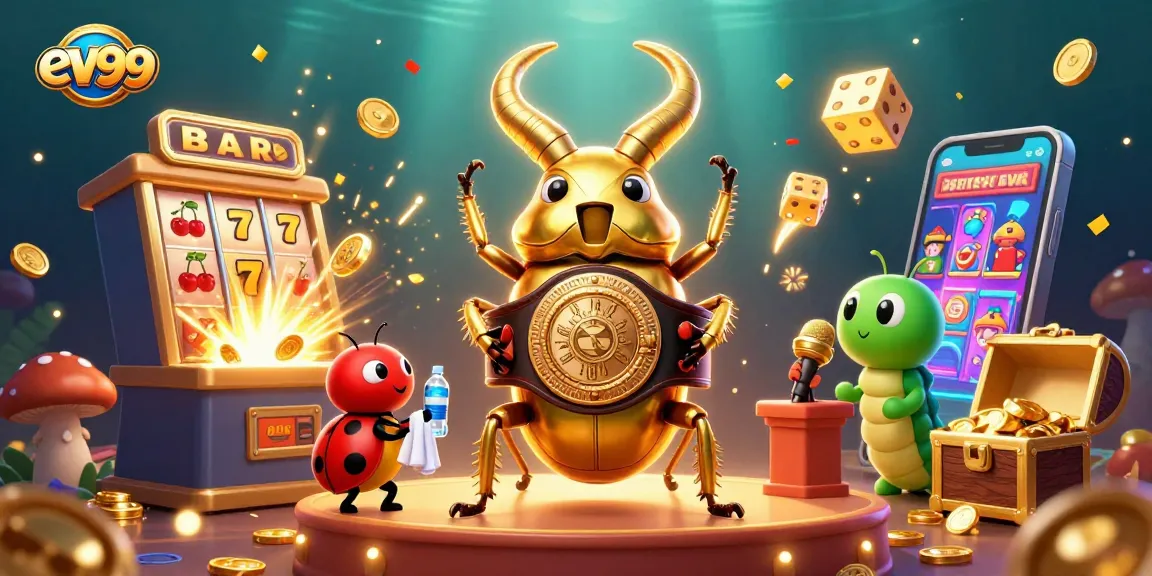 ev99 showcases a giant golden stag beetle with casino elements, emitting winning vibes.