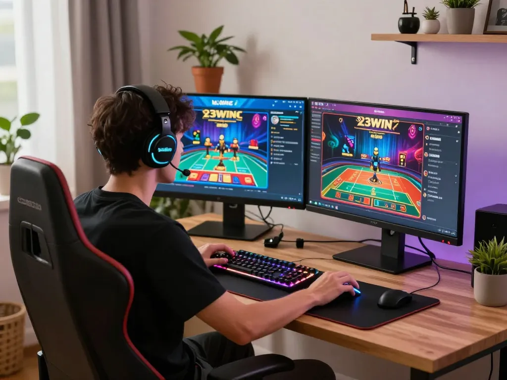 Engaged gamer enjoying the immersive 23win online casino experience in a modern home office setup.