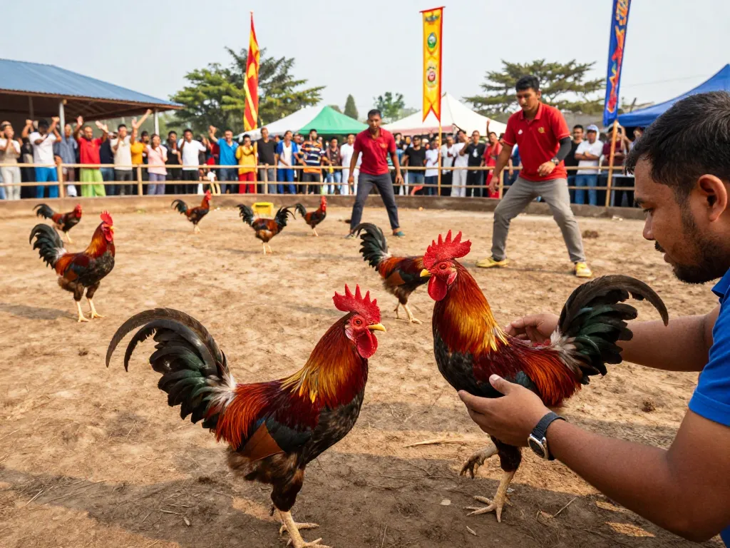 Watch intense Đá gà thomo cockfighting matches with vibrant competitors and cheering crowds.