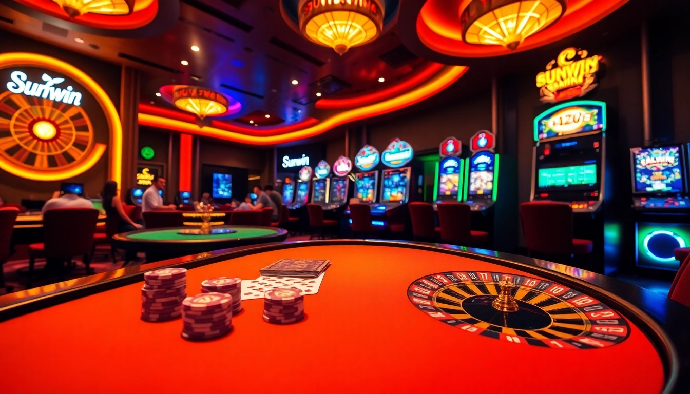 Experience the thrill of Sunwin gambling with vibrant casino tables, poker chips, and a luxurious ambiance.