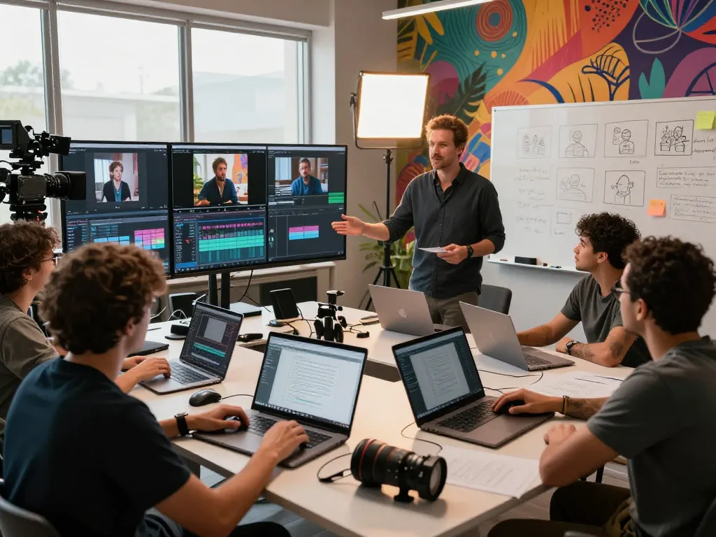 Seedance 2.0 creative team collaborating in a modern film studio, showcasing advanced AI video production.