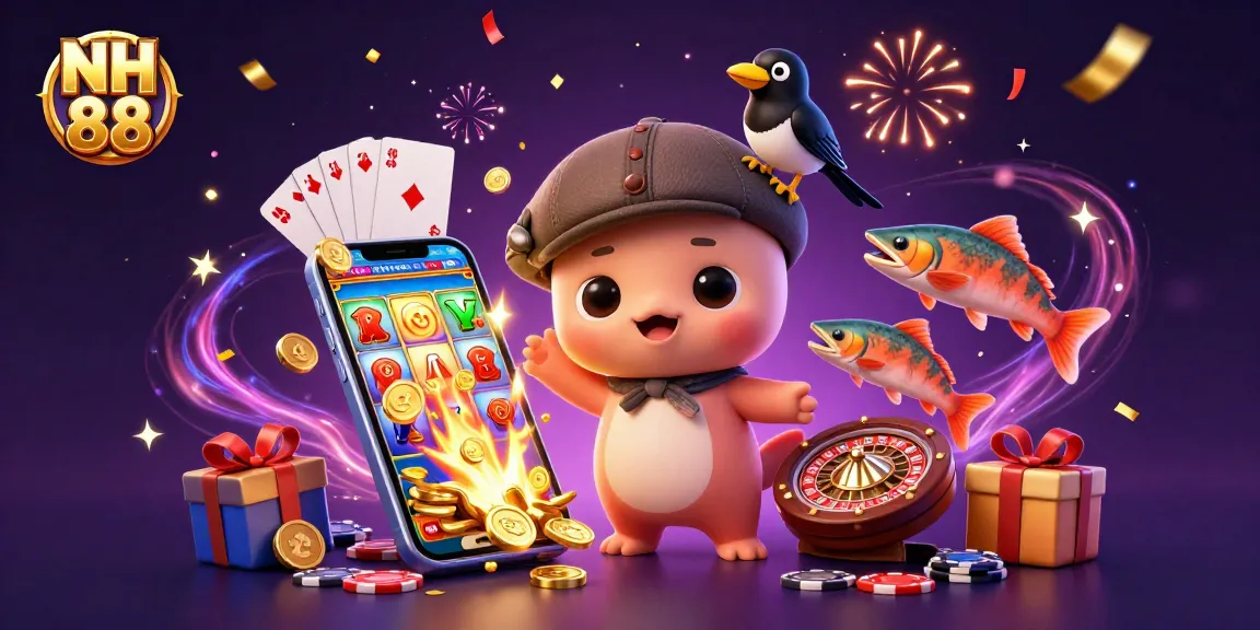 Experience vibrant gaming excitement with NH 88's captivating cartoon illustration featuring dynamic casino elements.