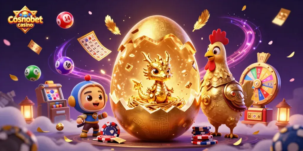 Experience vibrant fun at cosmobet casino with a golden dragon nest and dynamic gambling visuals.